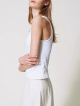 Twinset Top a costine con catena Bianco Ottico