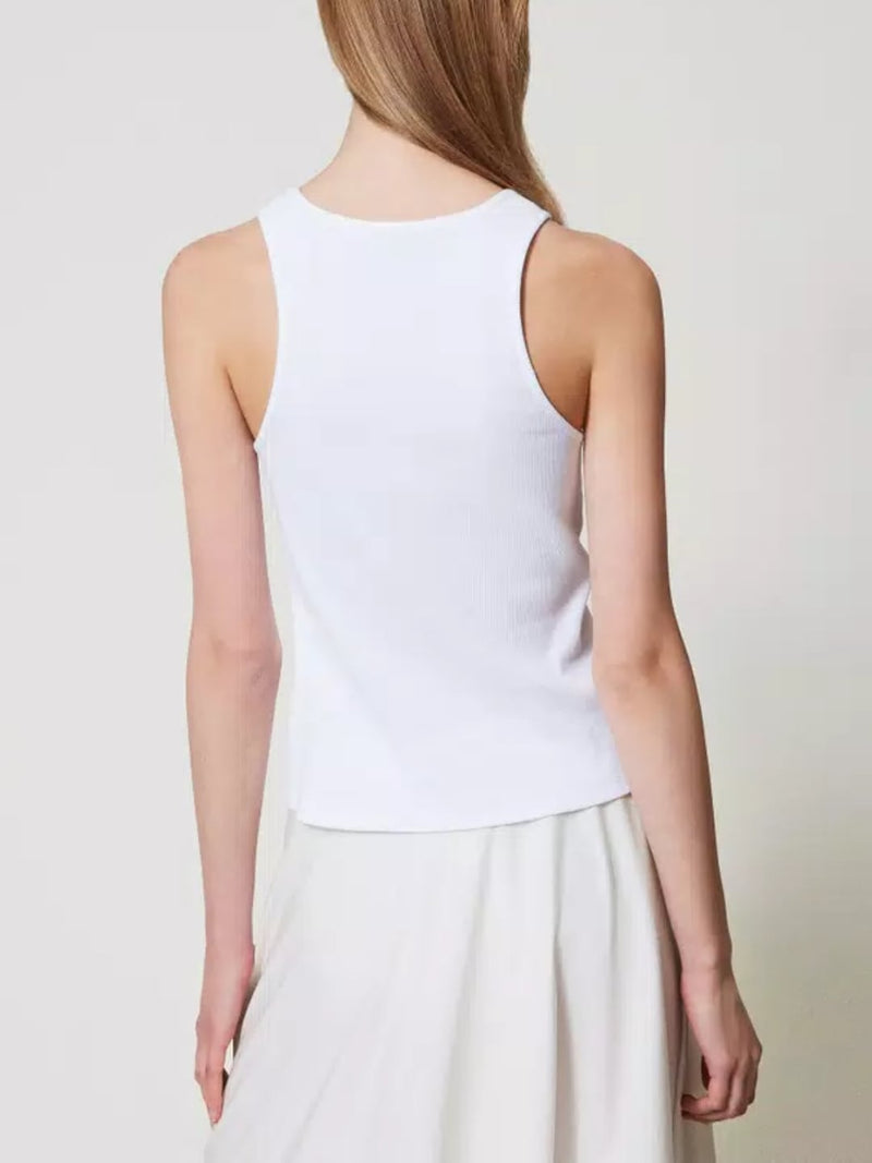 Twinset Top a costine con catena Bianco Ottico