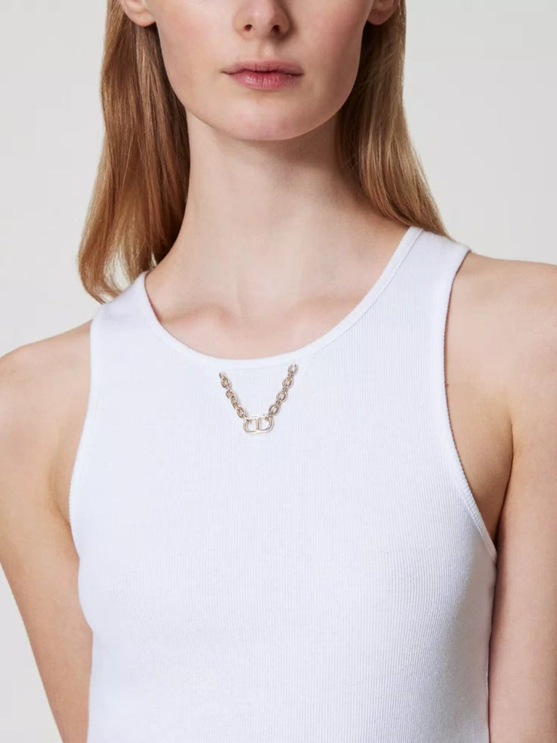 Twinset Top a costine con catena Bianco Ottico