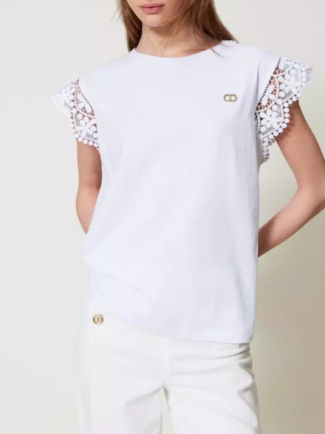 Twinset T-shirt con maniche ad aletta in pizzo Bianco Ottico