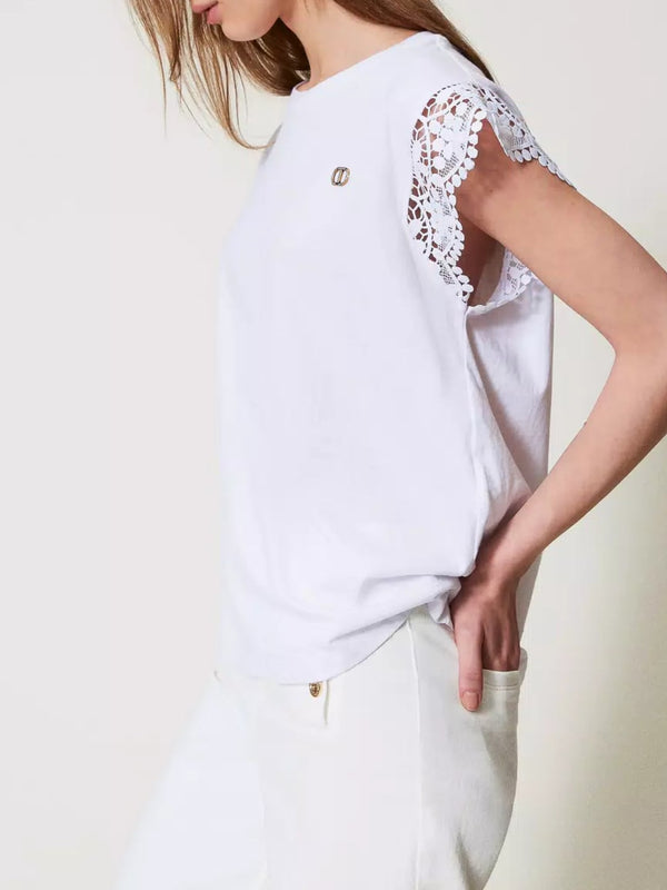 Twinset T-shirt con maniche ad aletta in pizzo Bianco Ottico