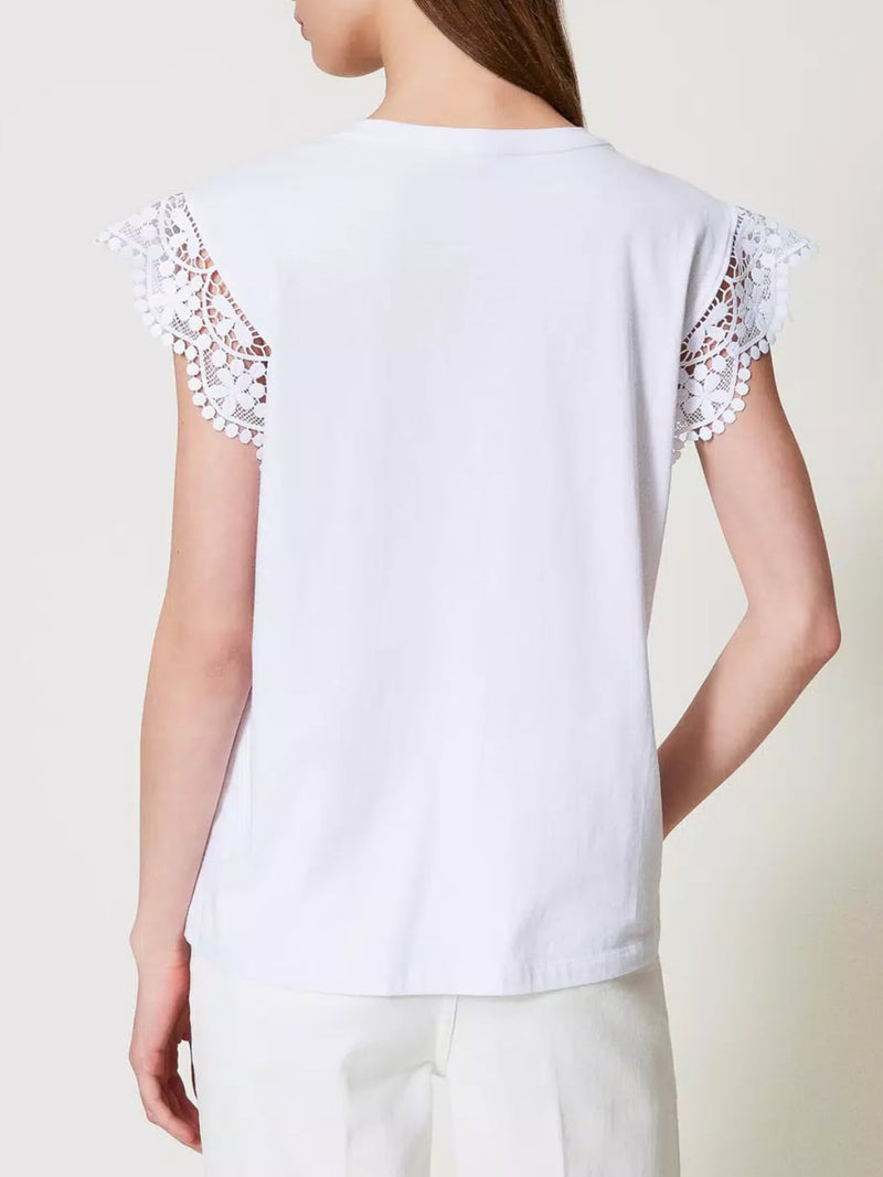 Twinset T-shirt con maniche ad aletta in pizzo Bianco Ottico
