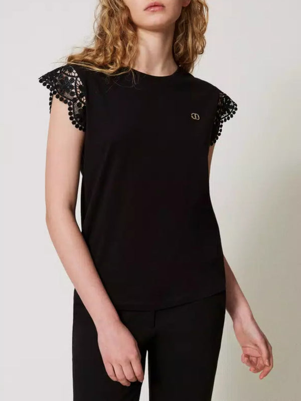 Twinset T-shirt con maniche ad aletta in pizzo Nero