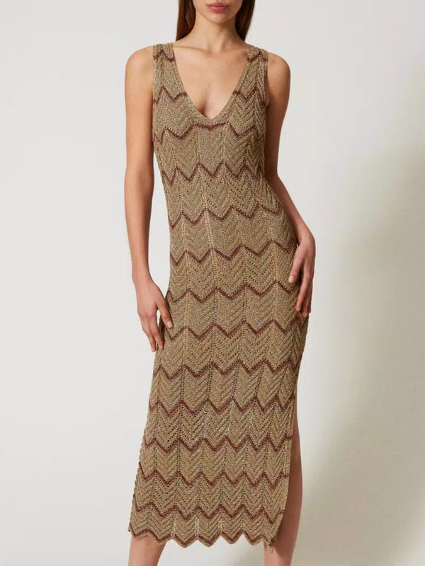 Twinset Abito longuette in maglia bicolore Oro