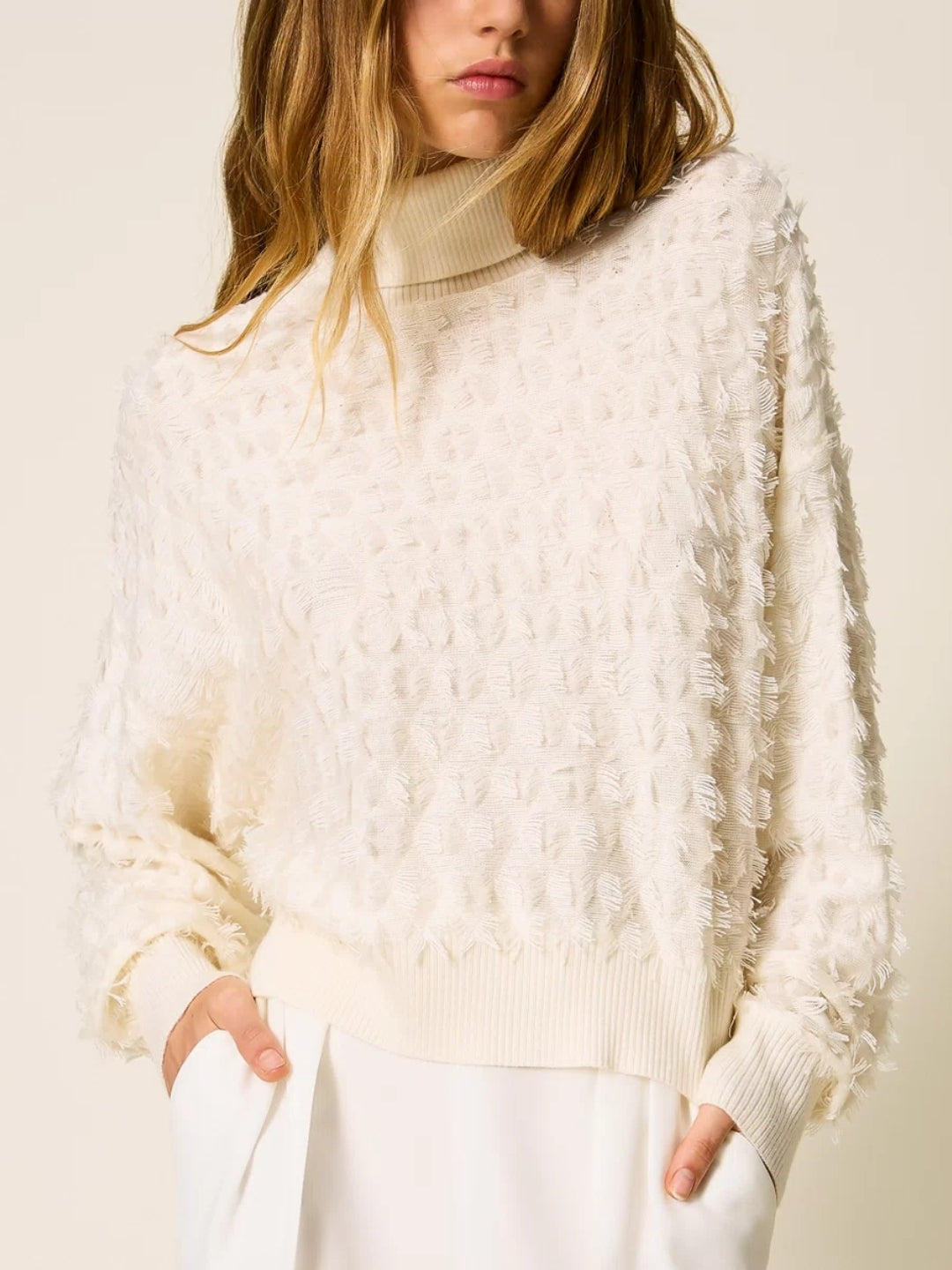 Twinset Maglia a lupetto con frange Bianco Neve