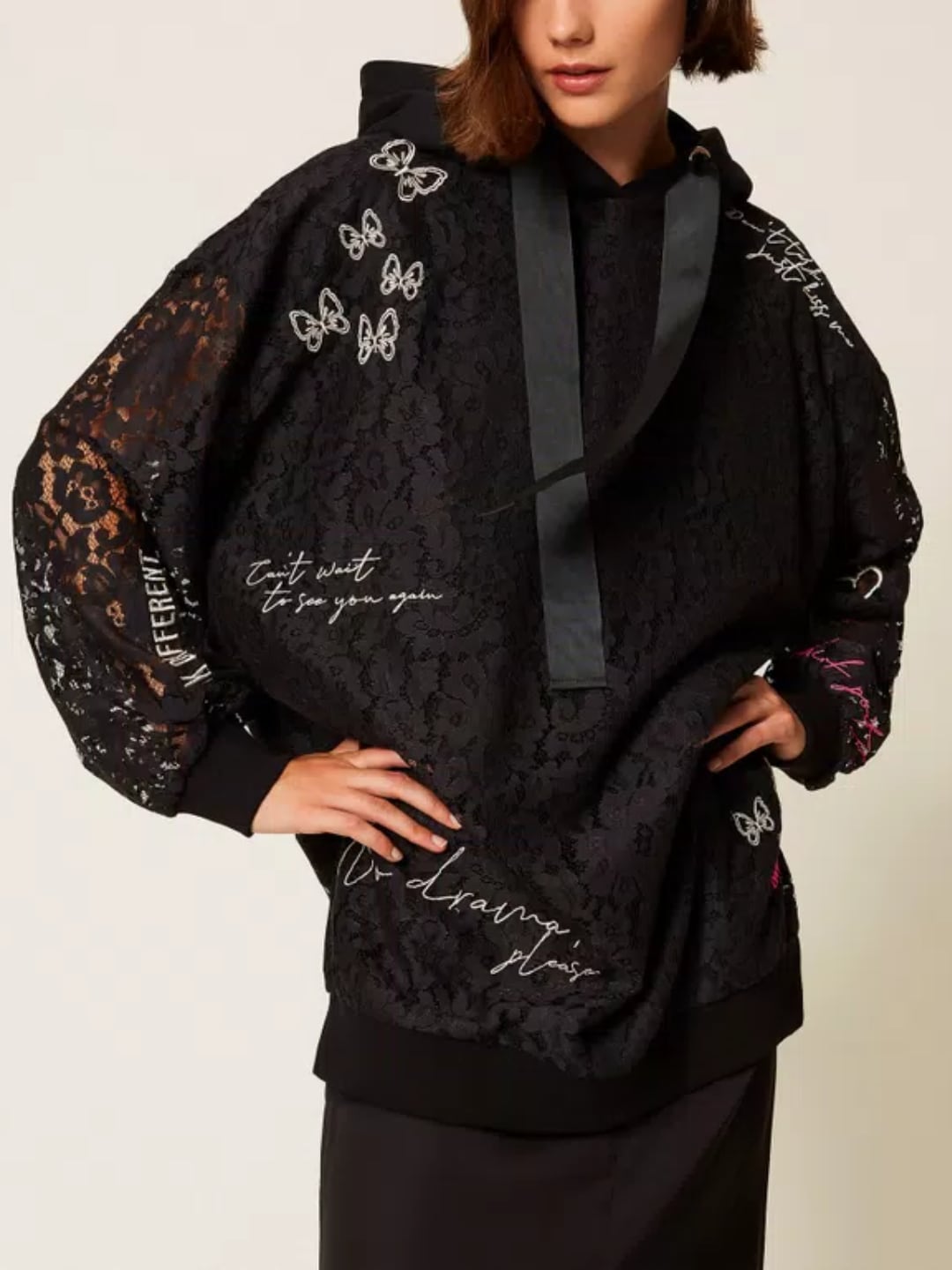 Twinset Maxi felpa MYFO in pizzo con ricami Nero