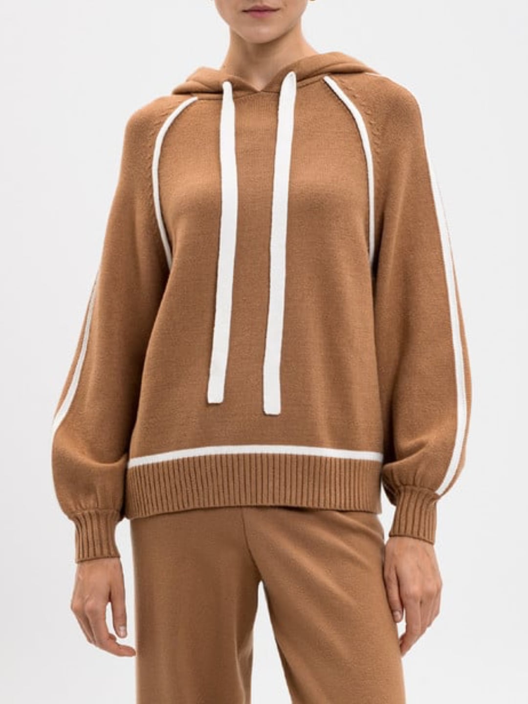 Twinset Felpa con Cappuccio e Bordi a Contrasto Bicolor Marrone Cammello e Bianco