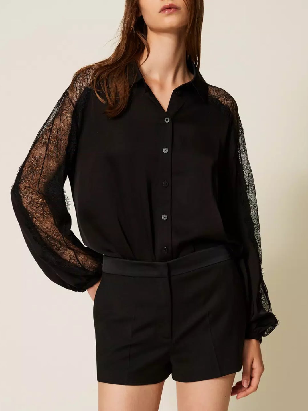 Twinset Camicia in satin con pizzo Nero