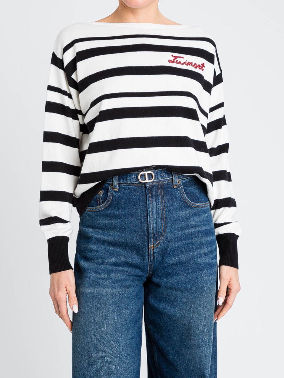 Twinset Maglia girocollo in misto lana a righe Nero Bianco