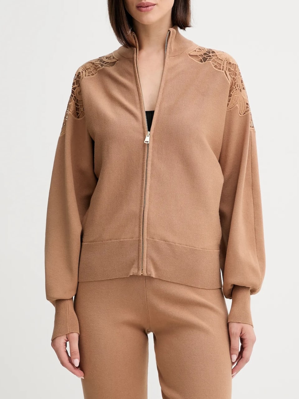 Twinset Giacca in maglia con organza ricamata Marrone