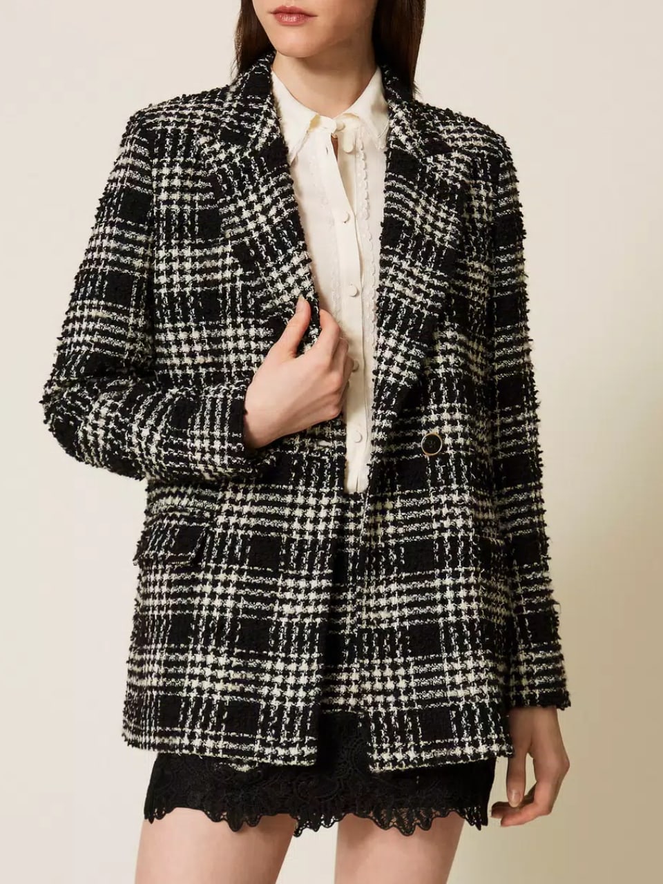 Twinset Giacca blazer in bouclé check Big Check Nero / Bianco "Neve"