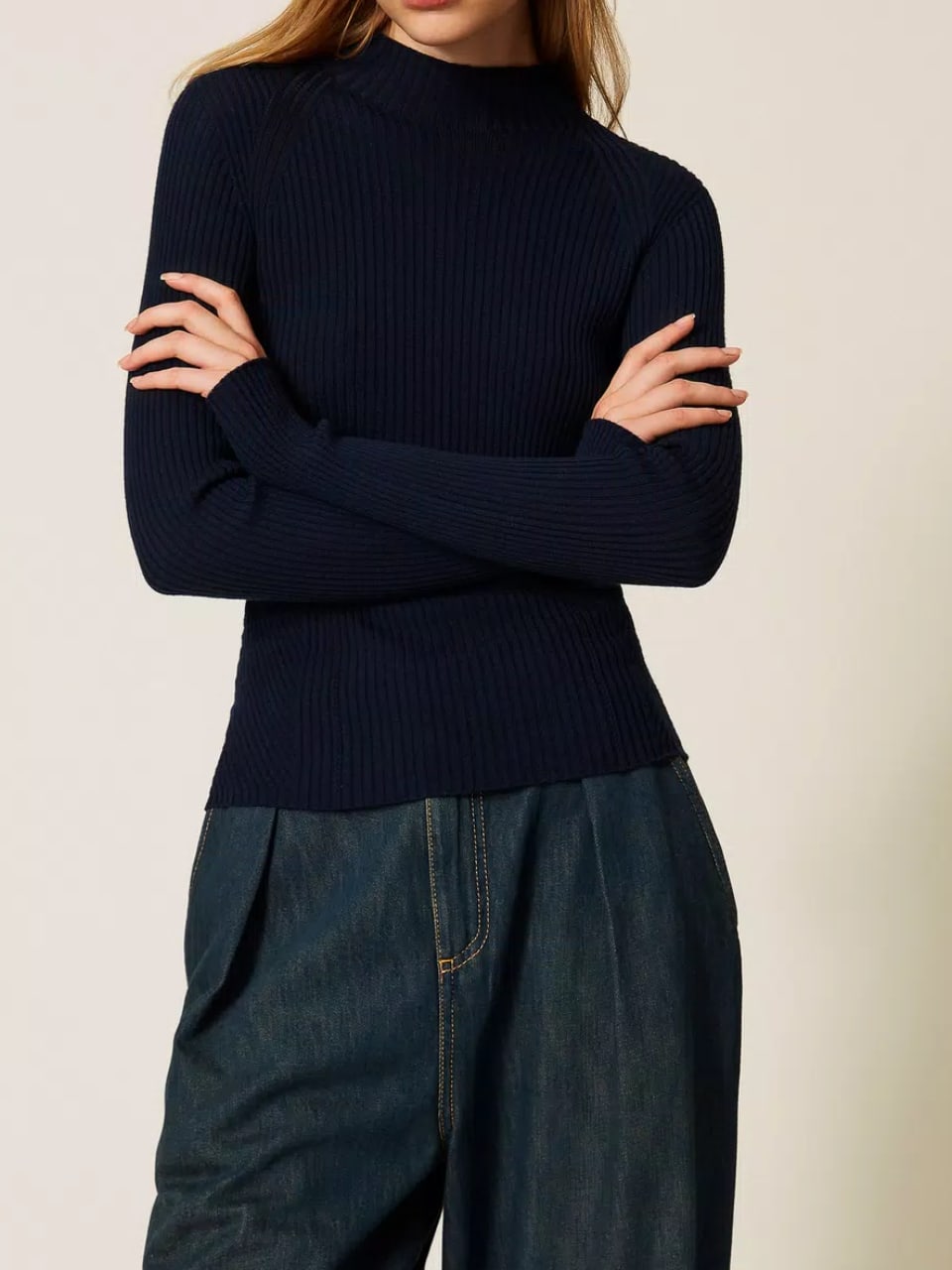 Twinset Maglia lupetto a coste in lana Classic Blue