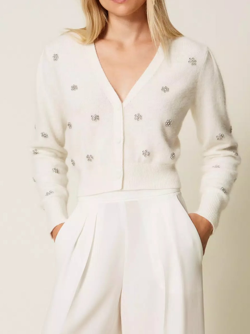 Twinset Cardigan in misto angora con ricamo Bianco