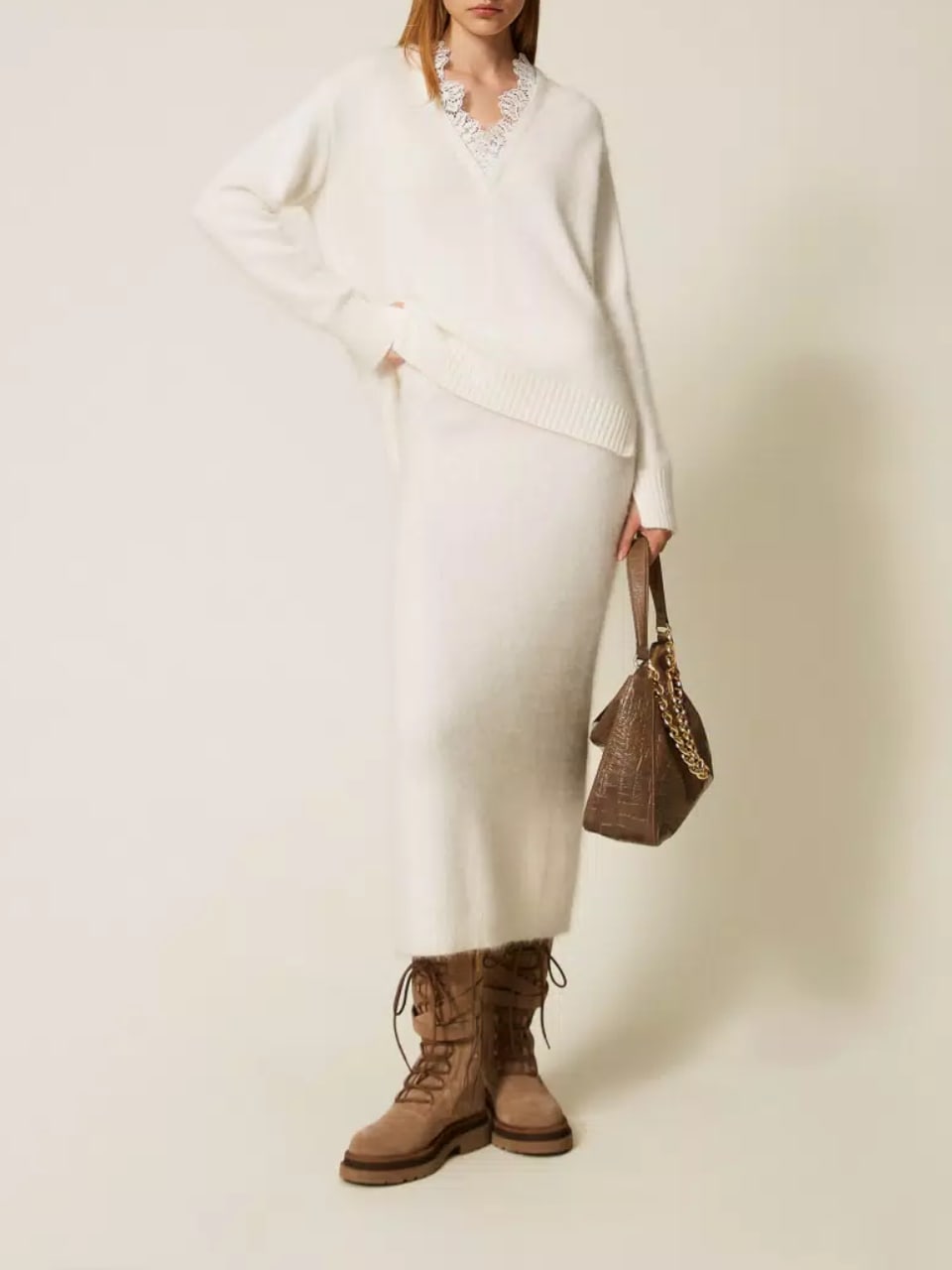 Twinset Gonna longuette in maglia di misto angora Bianco Neve