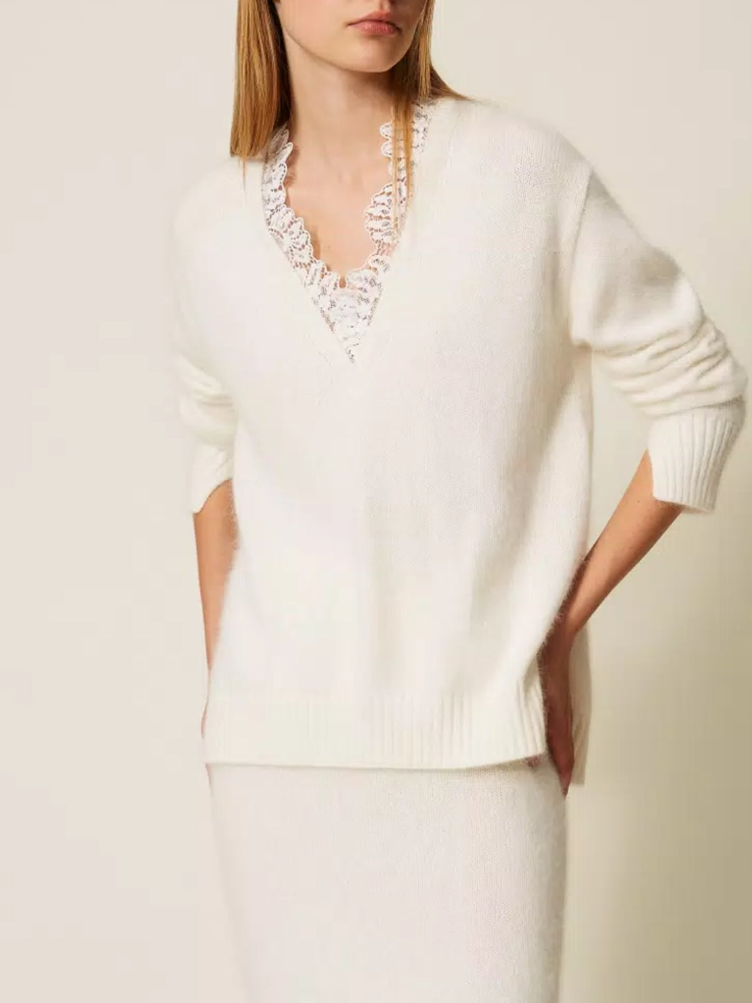 Twinset Maglia in misto angora con pizzo Bianco Neve