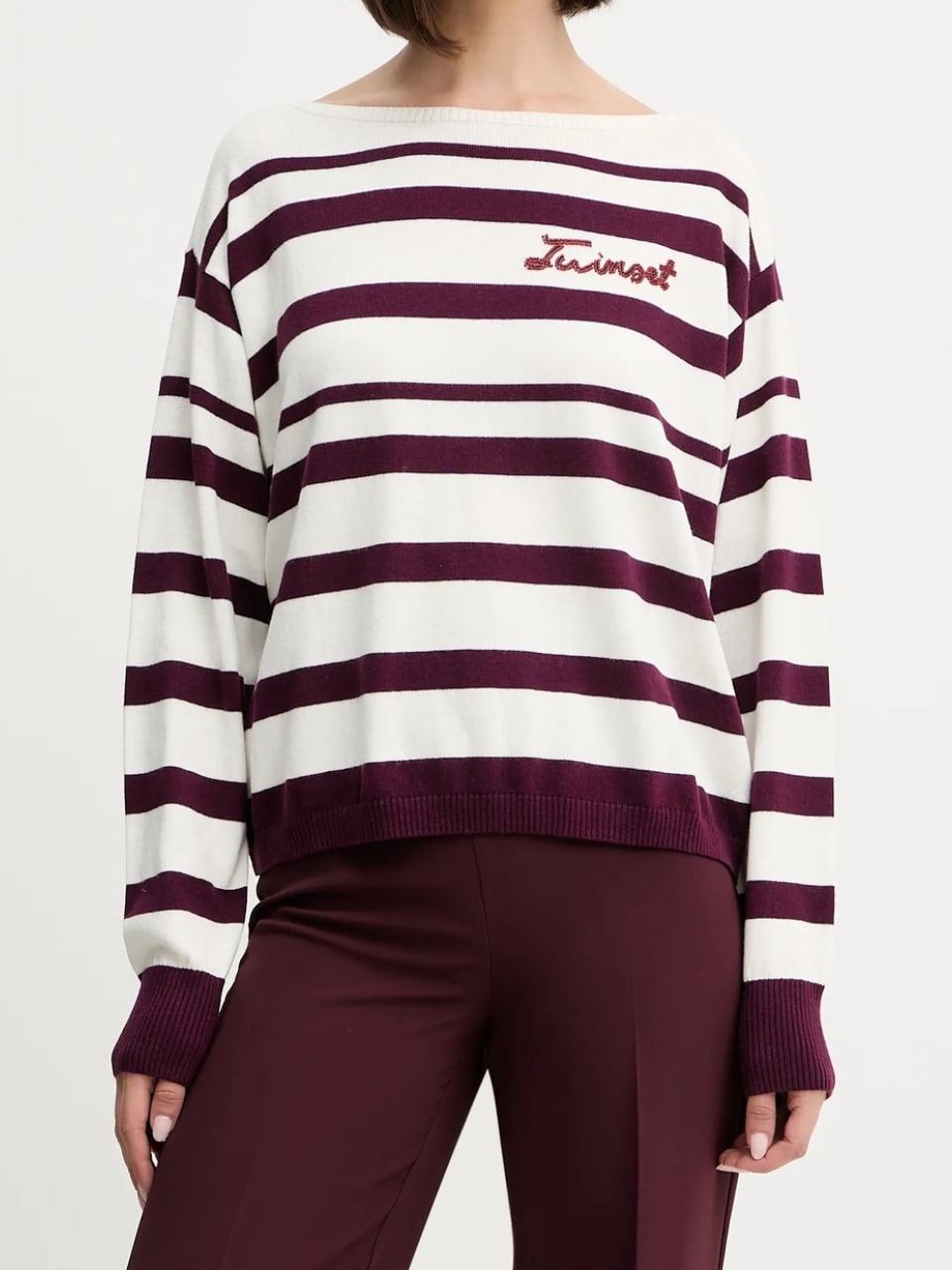 Twinset Maglia girocollo in misto lana a righe Bordeaux Bianco