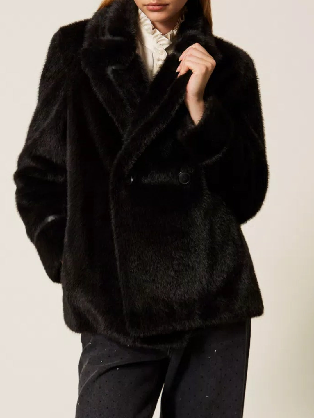 Twinset Cappotto Corto doppiopetto in Ecopelliccia Nero