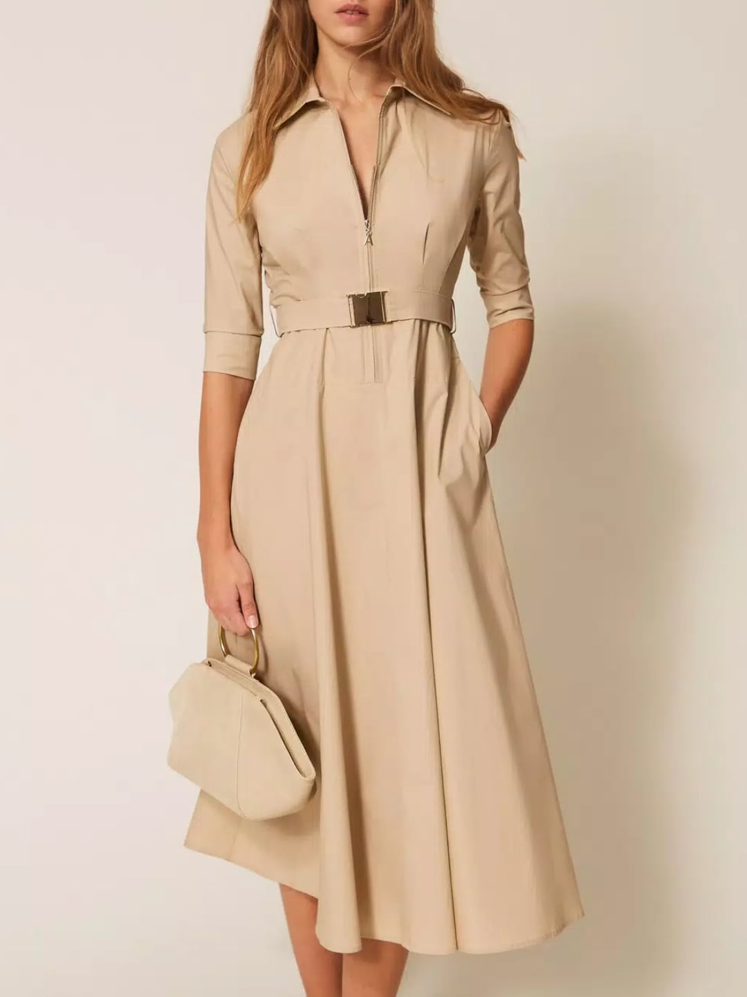 Twinset Abito lungo in popeline con cintura Beige Safari