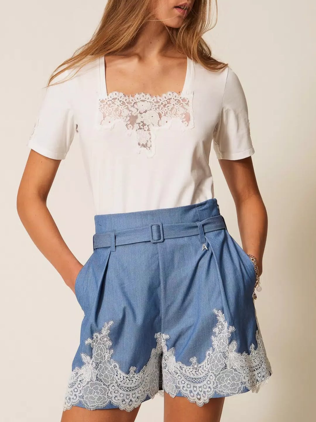Twinset T-shirt con intarsio in pizzo Bianco