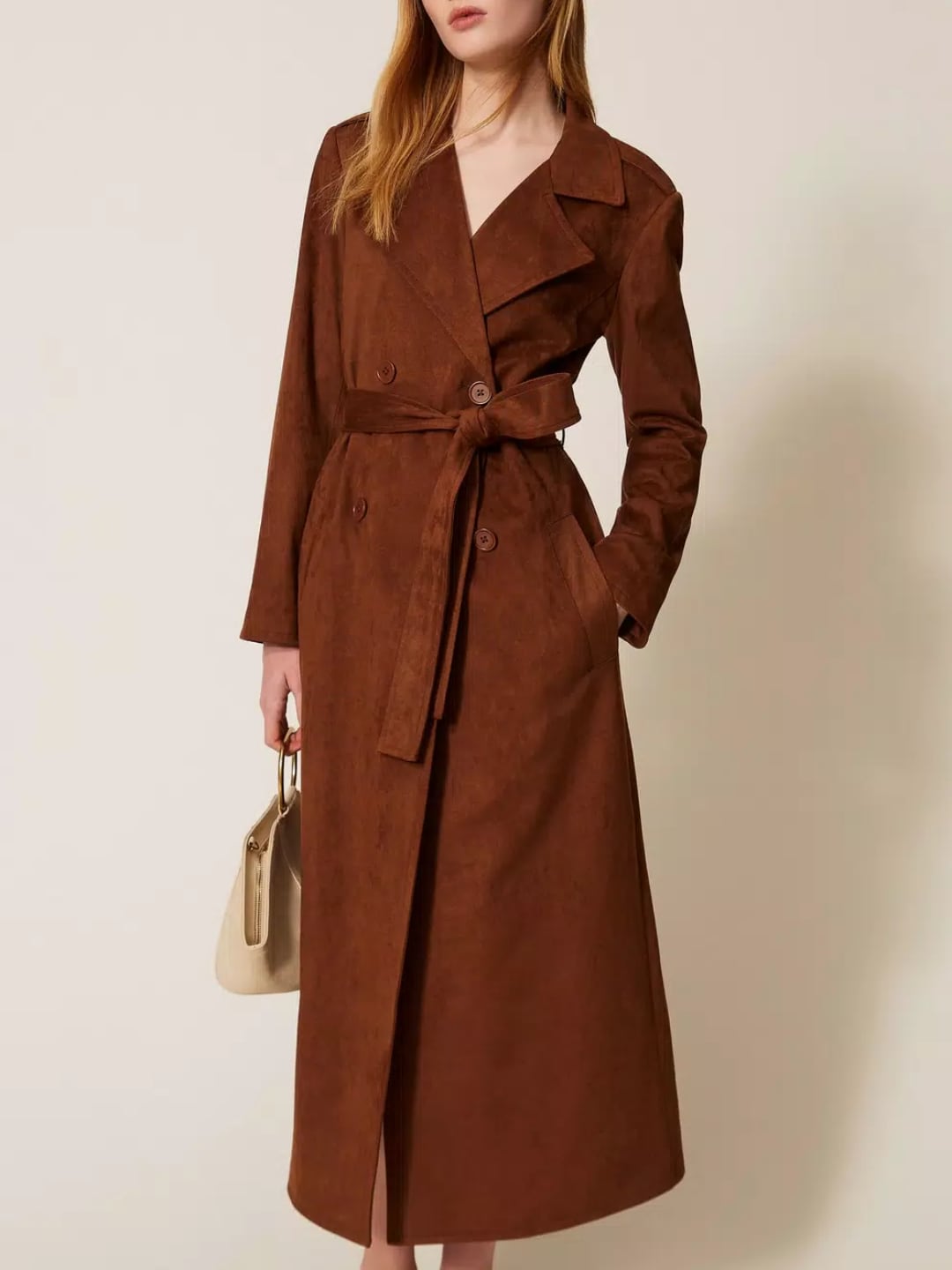 Twinset Trench scamosciato con cintura Marrone Chocolate