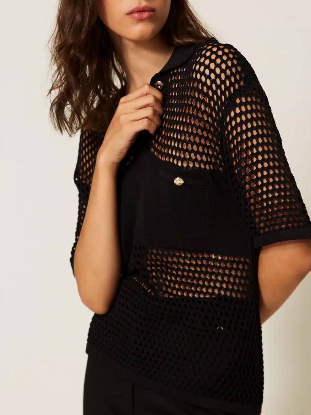 Twinset Maglia a polo con punto a rete Nero