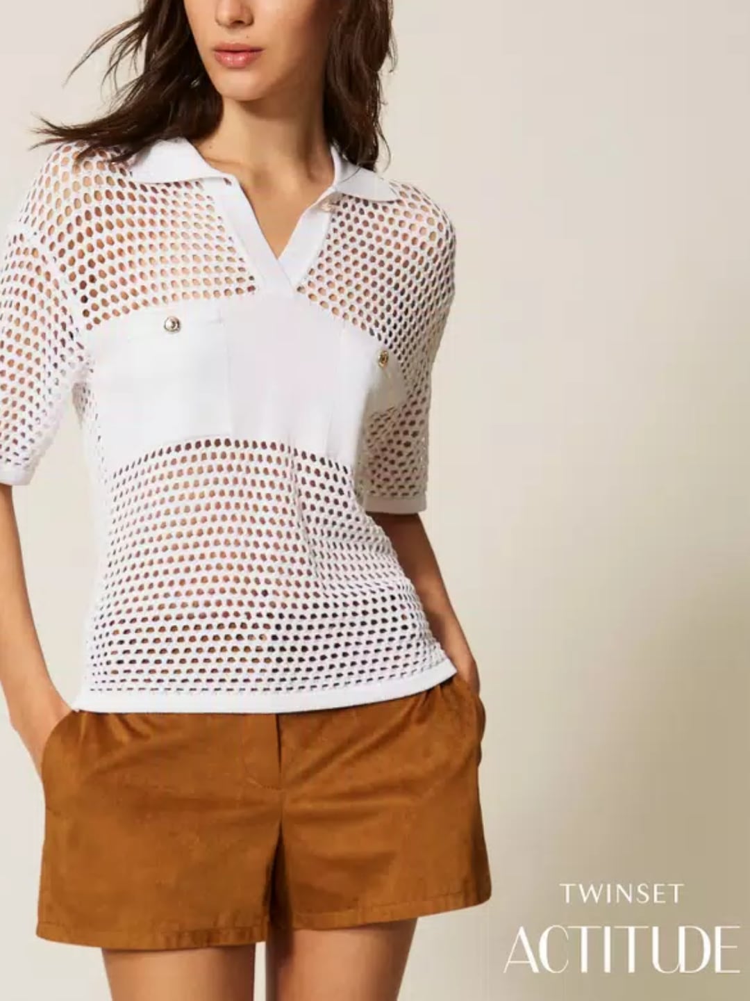 Twinset Maglia a polo con punto a rete Bianco