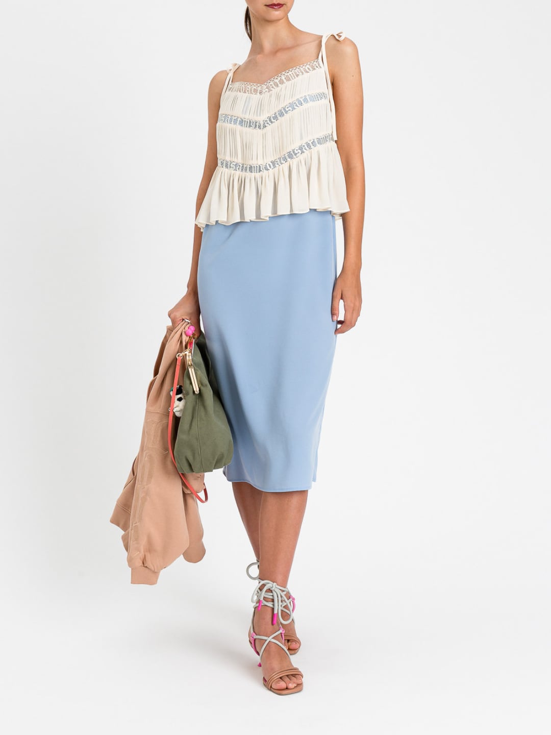 Twinset Abito lungo con Spalline e dettagli pizzo Bicolor Blu "Placid Blue"/Bianco Neve