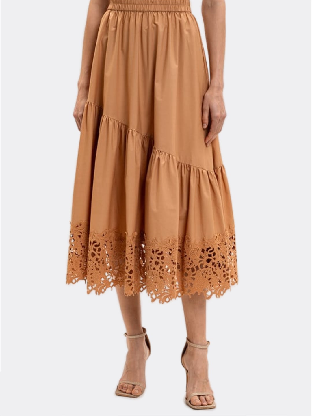 Twinset Gonna lunga morbida in popeline con dettaglio macramè Beige "Hazelnut"