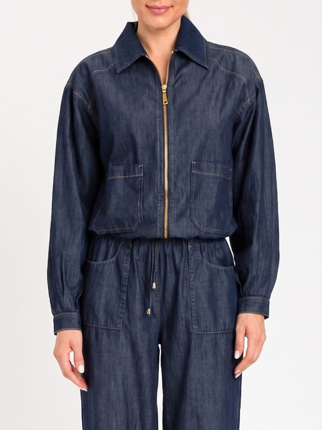 Twinset Completo Giubbotto con zip e Pantaloni palazzo in lyocell Denim