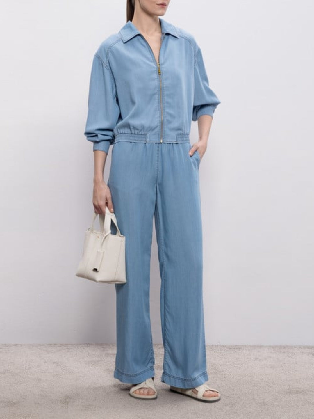 Twinset Completo Giubbotto con zip in lyocell e Pantaloni joggers in chambray Denim
