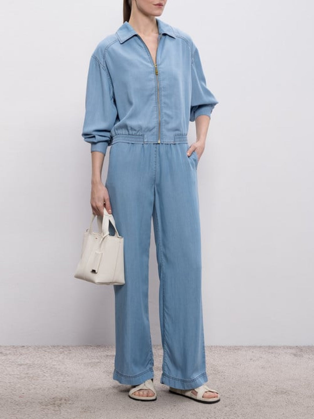 Twinset Completo Giubbotto con zip e Pantaloni palazzo in lyocell Denim