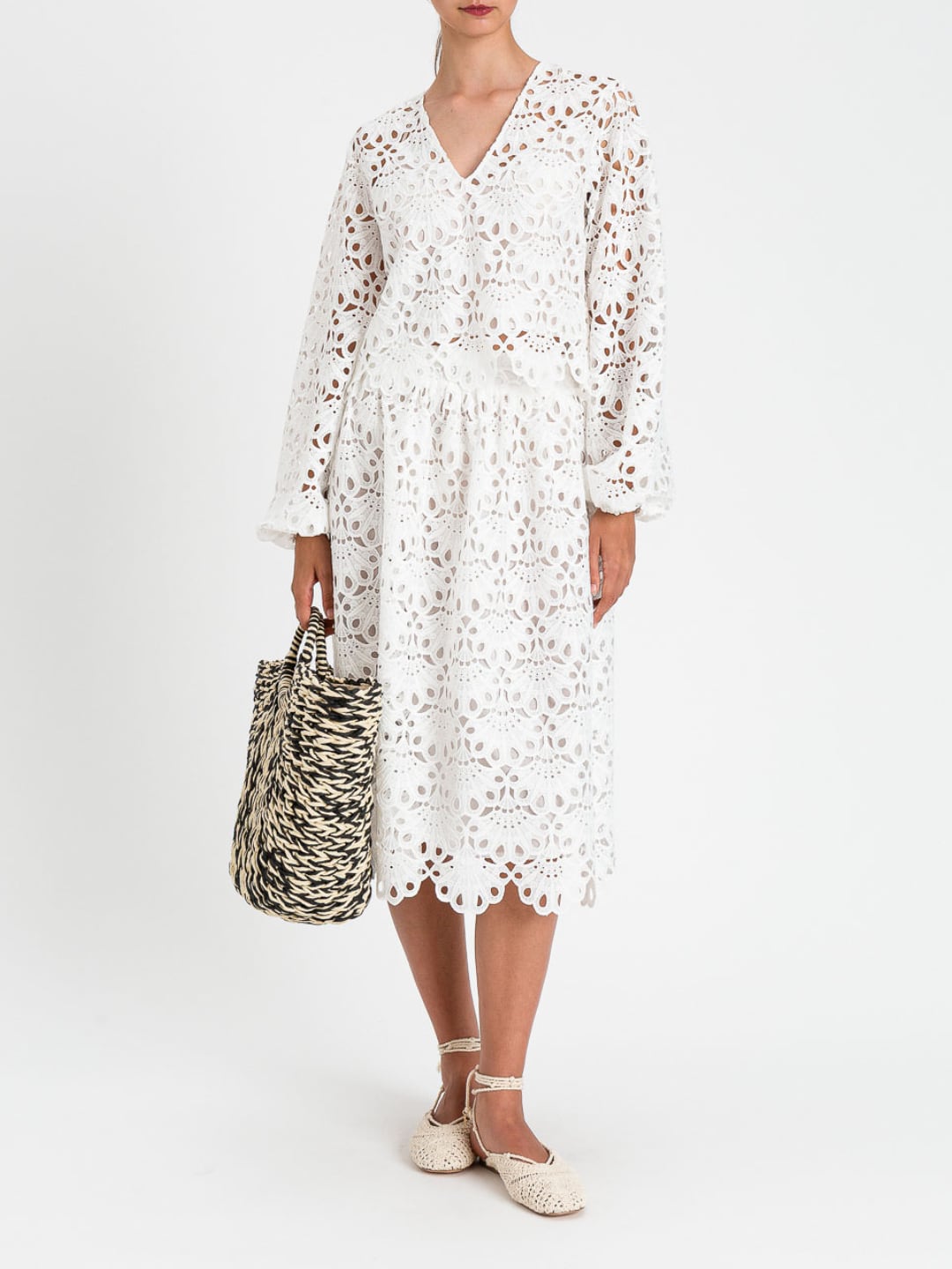 Twinset Blusa in Macramè con Orlo a Conchiglie Bianco