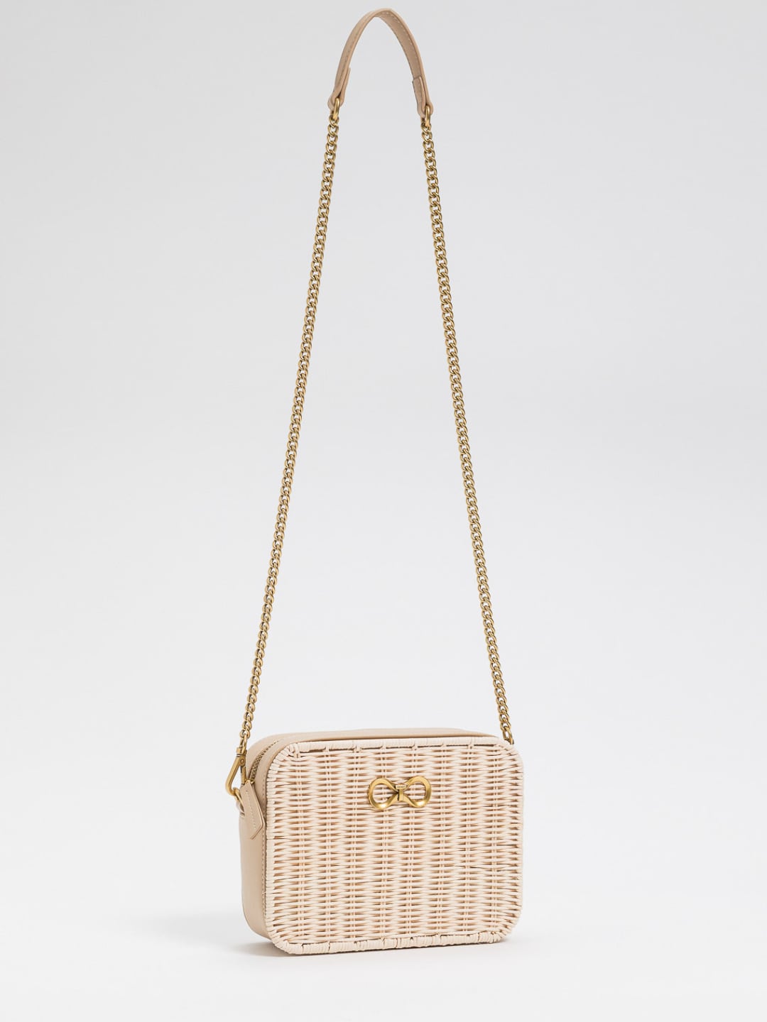 Twinset Tracolla Camera Bag con Scocca davanti in Rattan Delicate Sand
