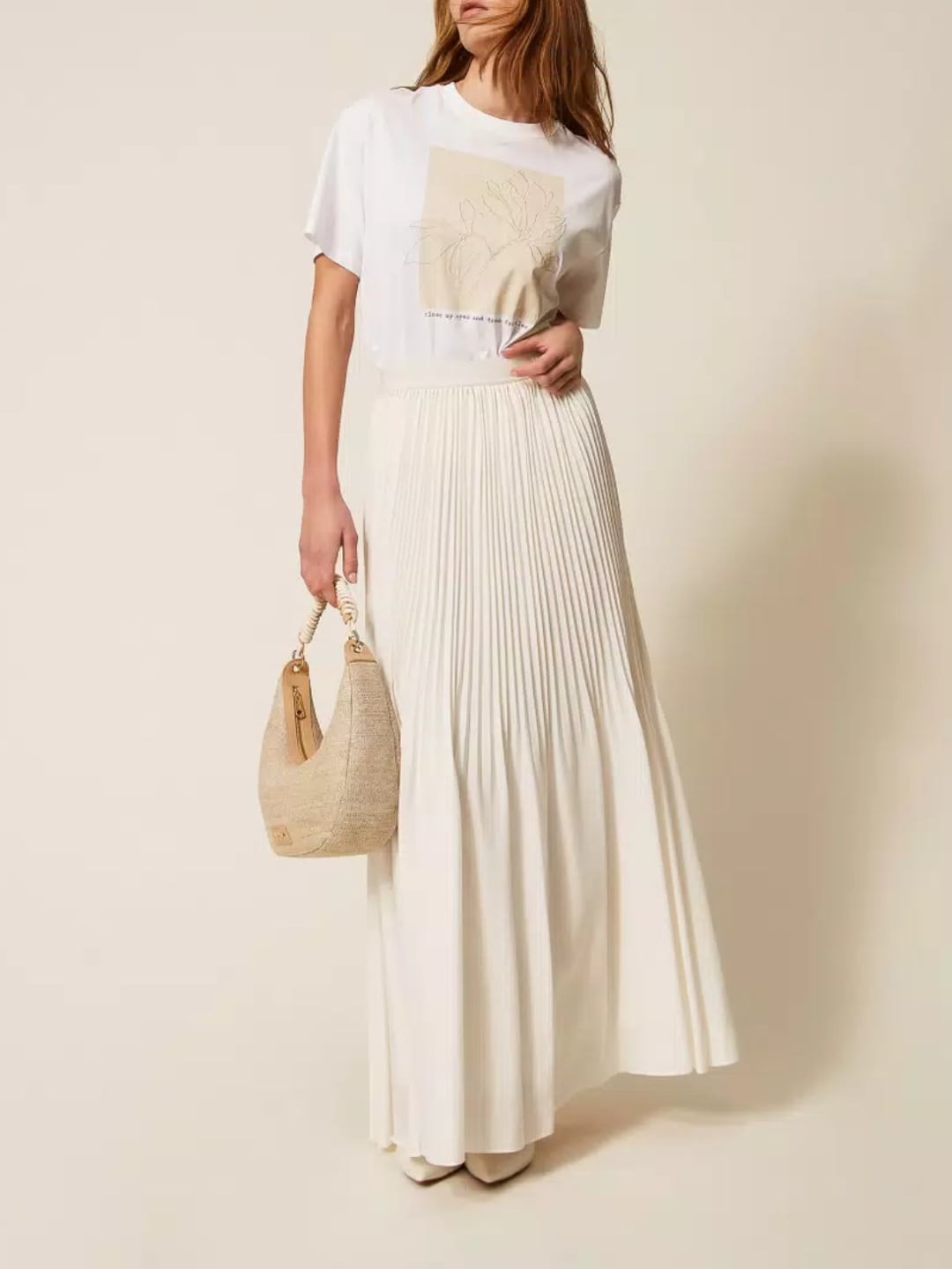 Twinset Gonna lunga in crêpe de Chine plissé Bianco Giglio