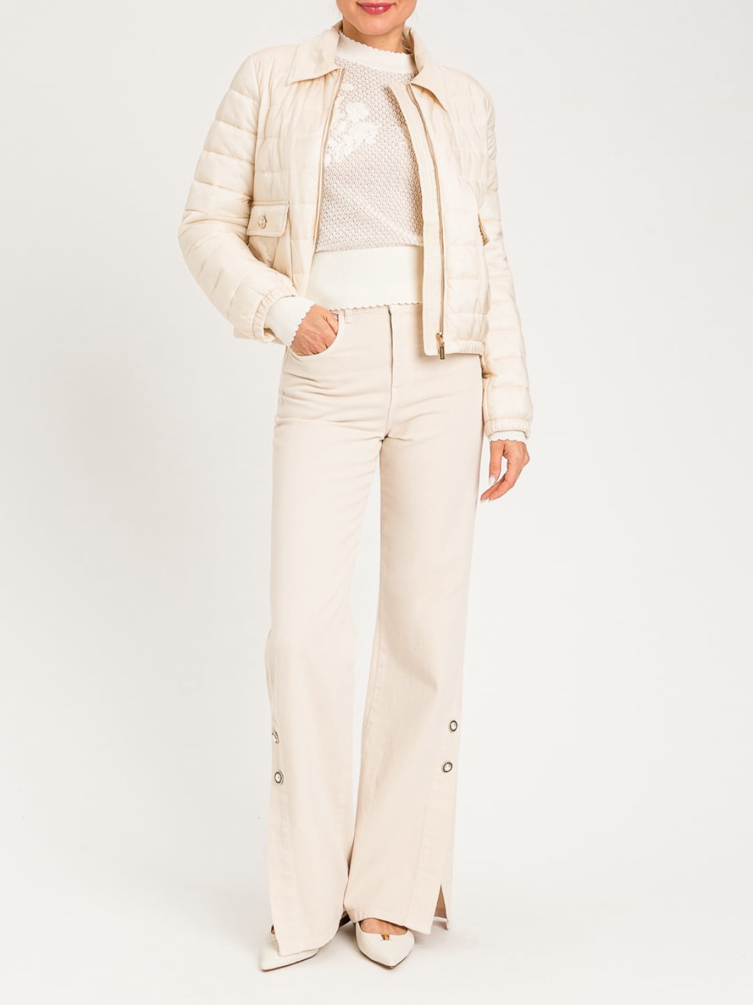 Twinset Jeans Wide leg in bull con spacchi Beige Parchment