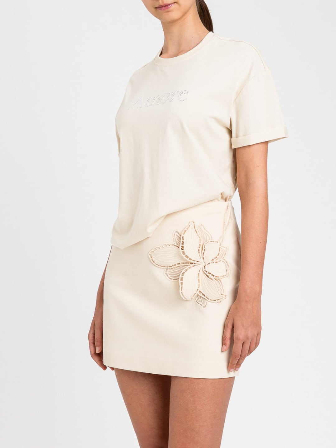 Twinset T-shirt in cotone con ricamo Beige Parchment