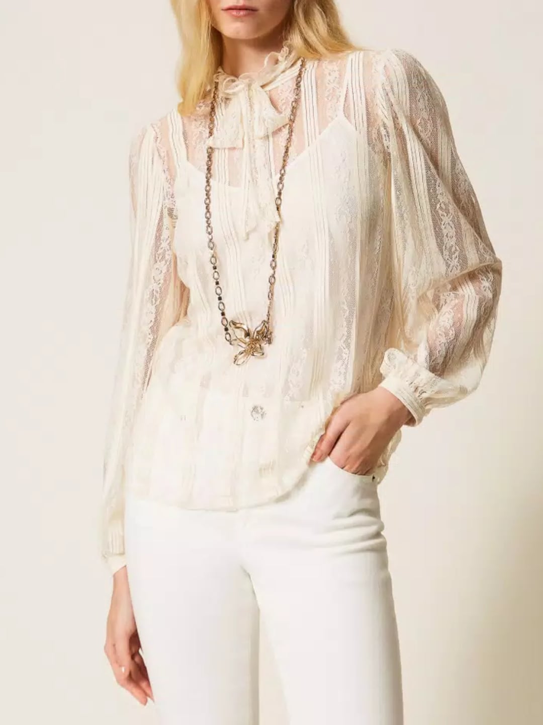 Twinset Blusa in pizzo a righe con fiocco Madreperla