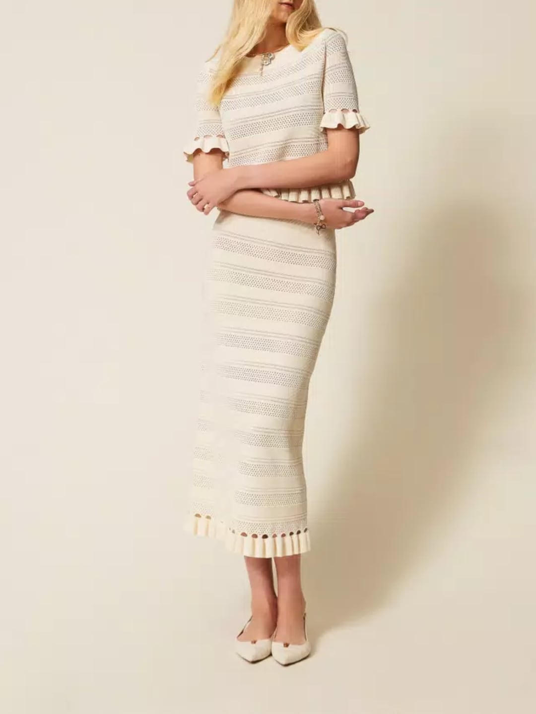 Twinset Gonna longuette in maglia con volant Madreperla