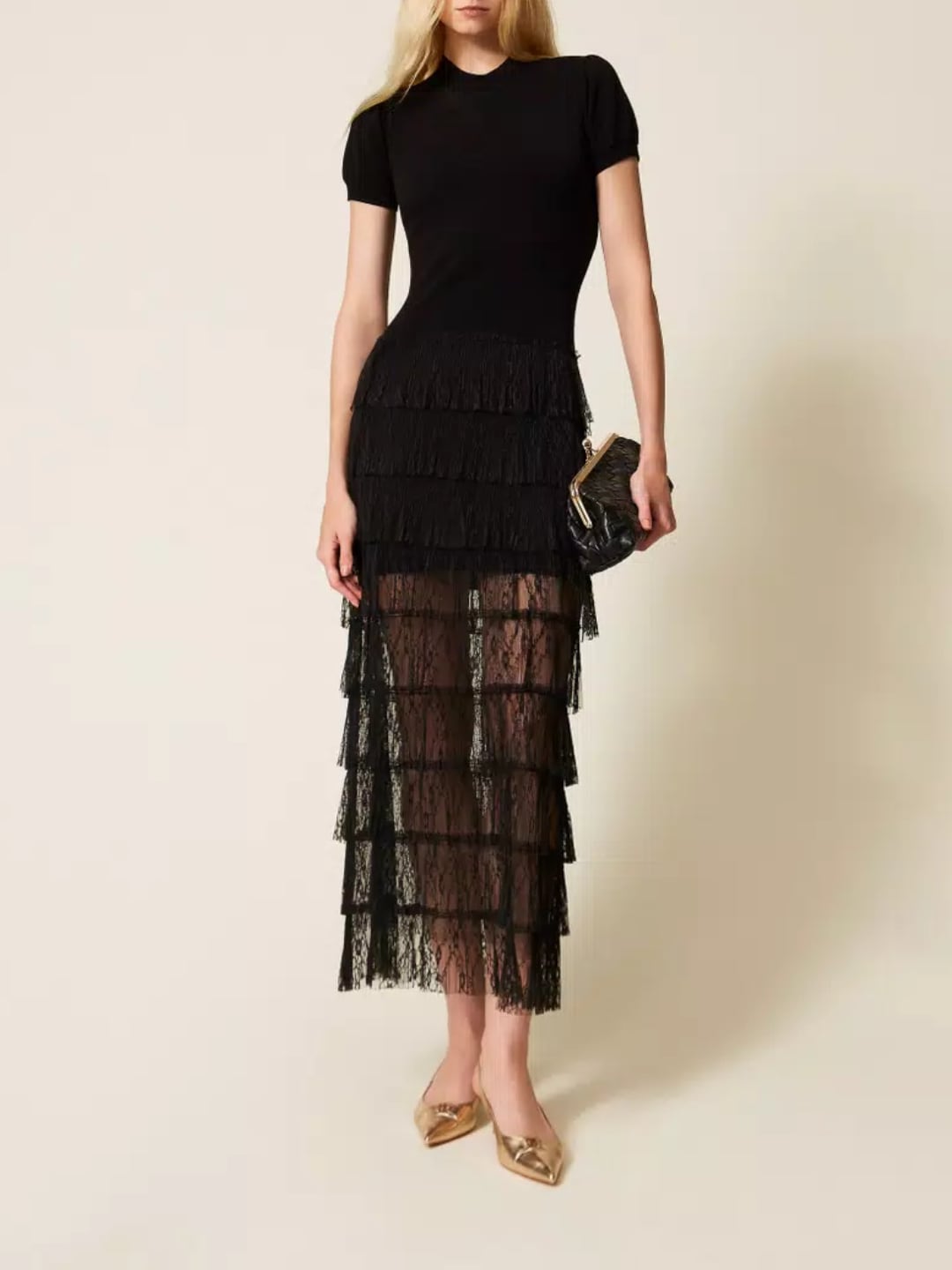 Twinset Abito lungo in maglia e pizzo plumetis Nero