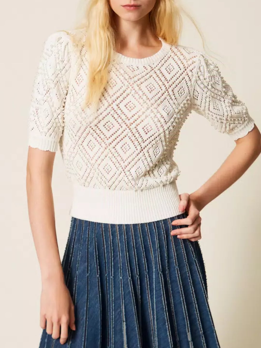 Twinset Maglia a losanghe con perle Madreperla