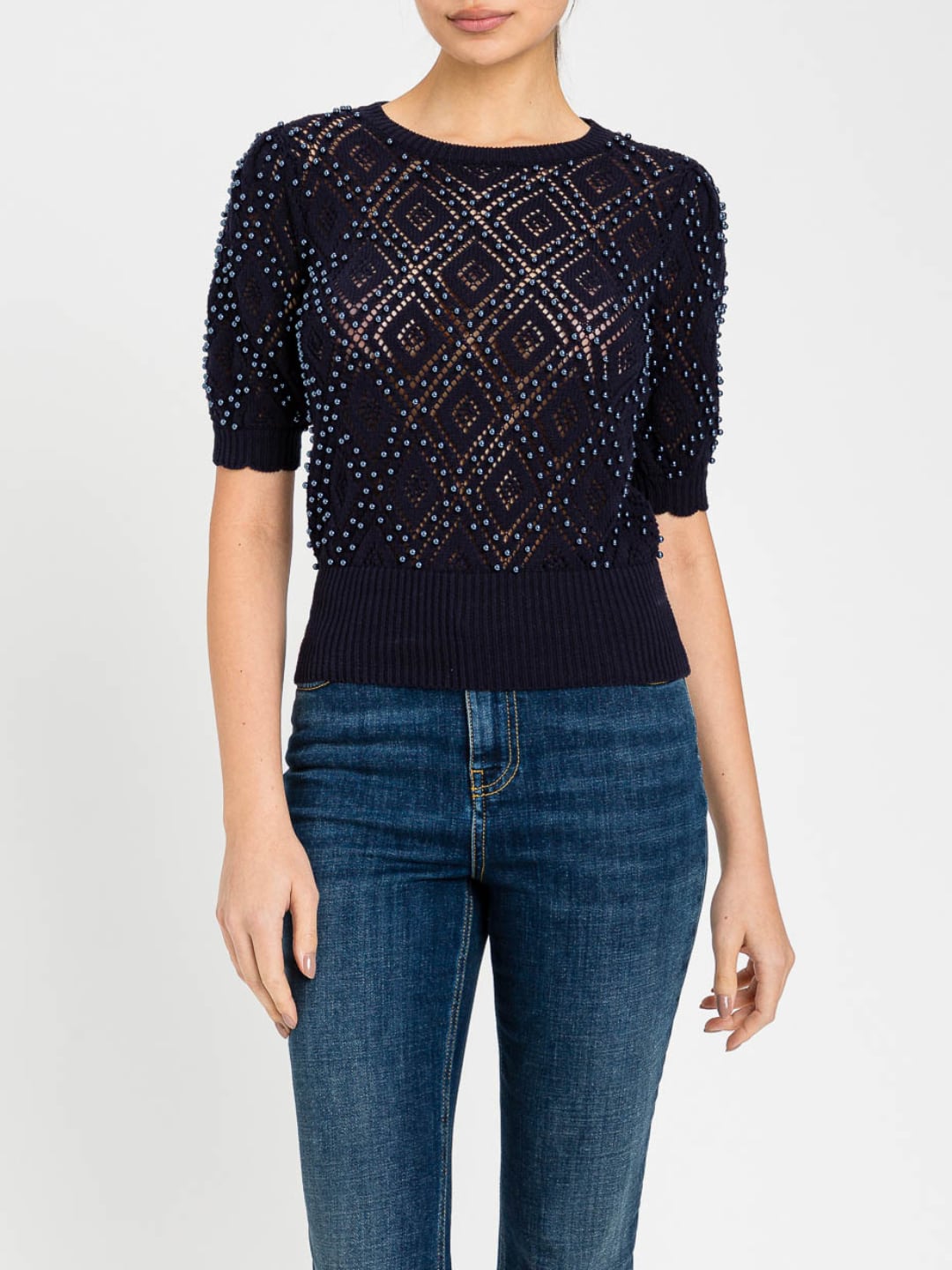 Twinset Maglia a losanghe con perle Blu Night