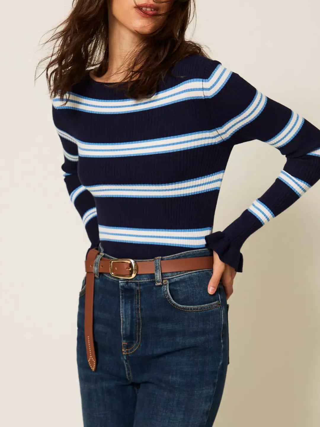 Twinset Maglia a righe con volant Riga Blue Night / Blue Jasmine