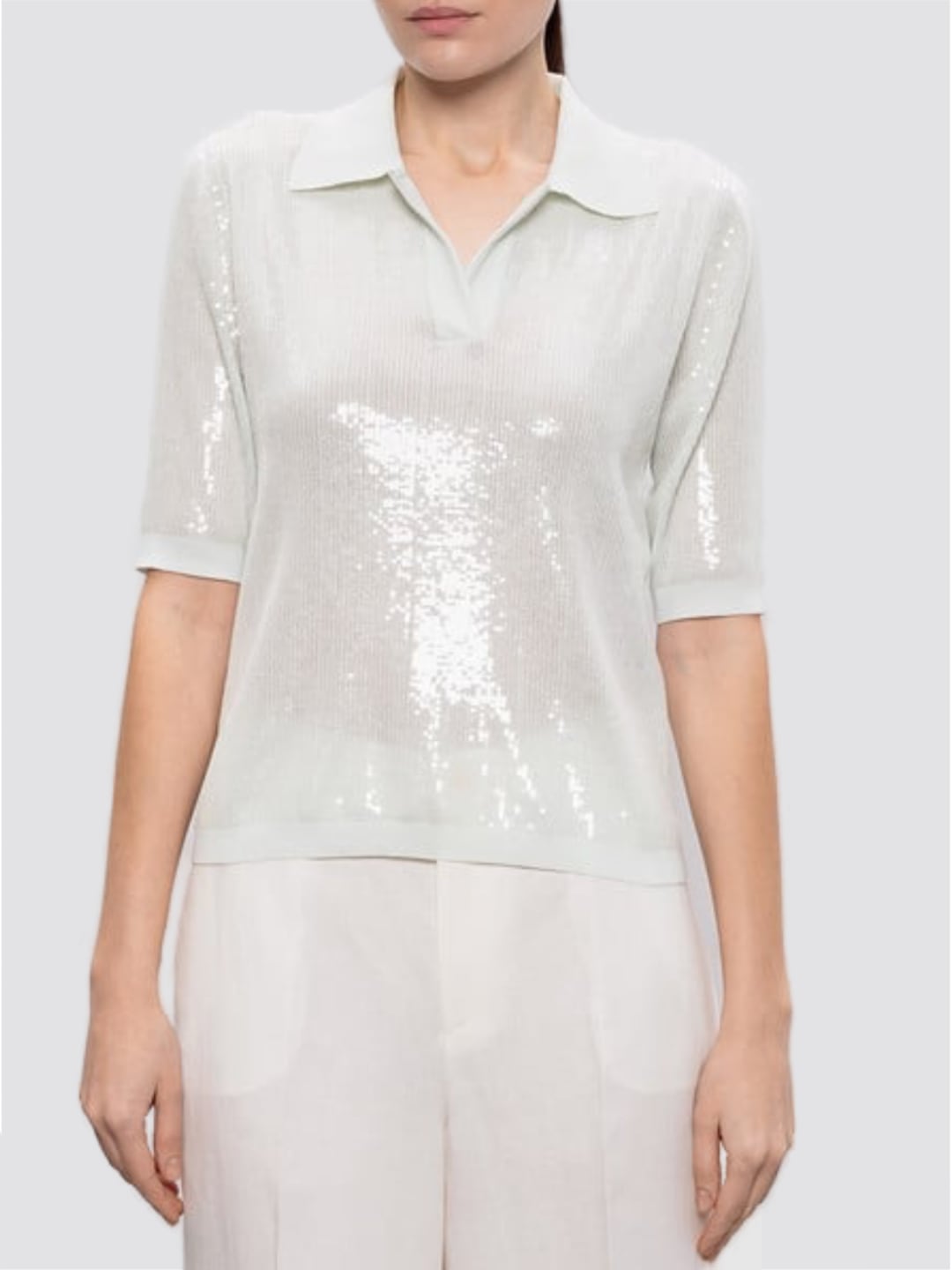 Twinset Polo in maglia ricamo paillettes Azzurro Aqua