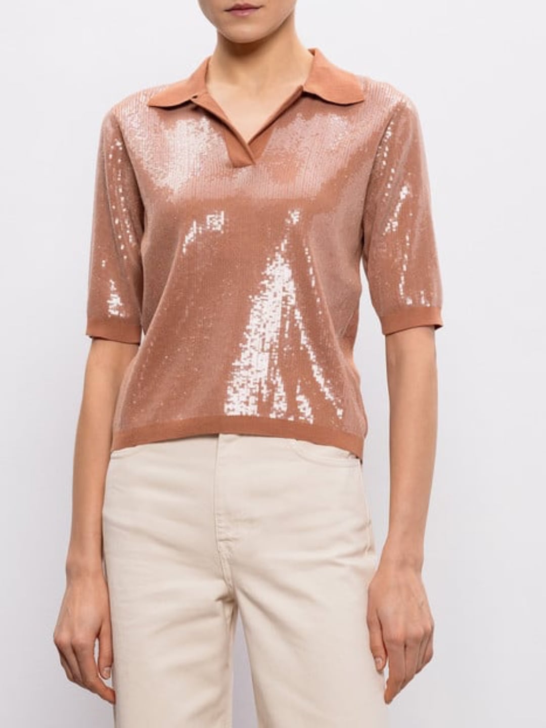 Twinset Polo in maglia ricamo paillettes Marrone Mocha