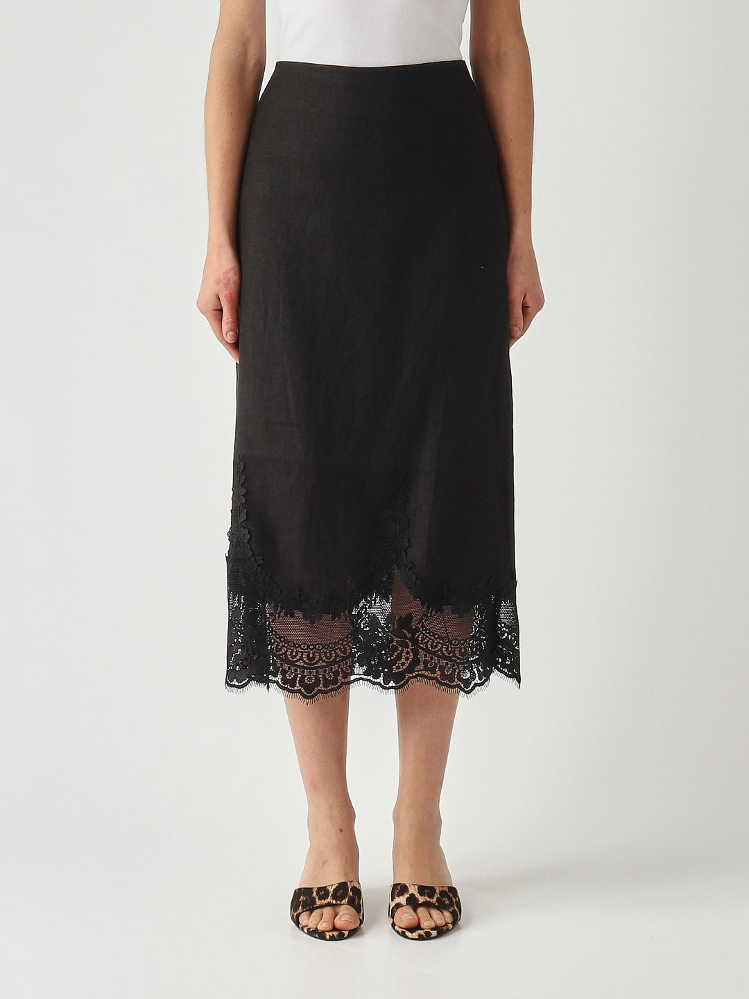 Twinset Gonna di lino bianco con pizzo Nero