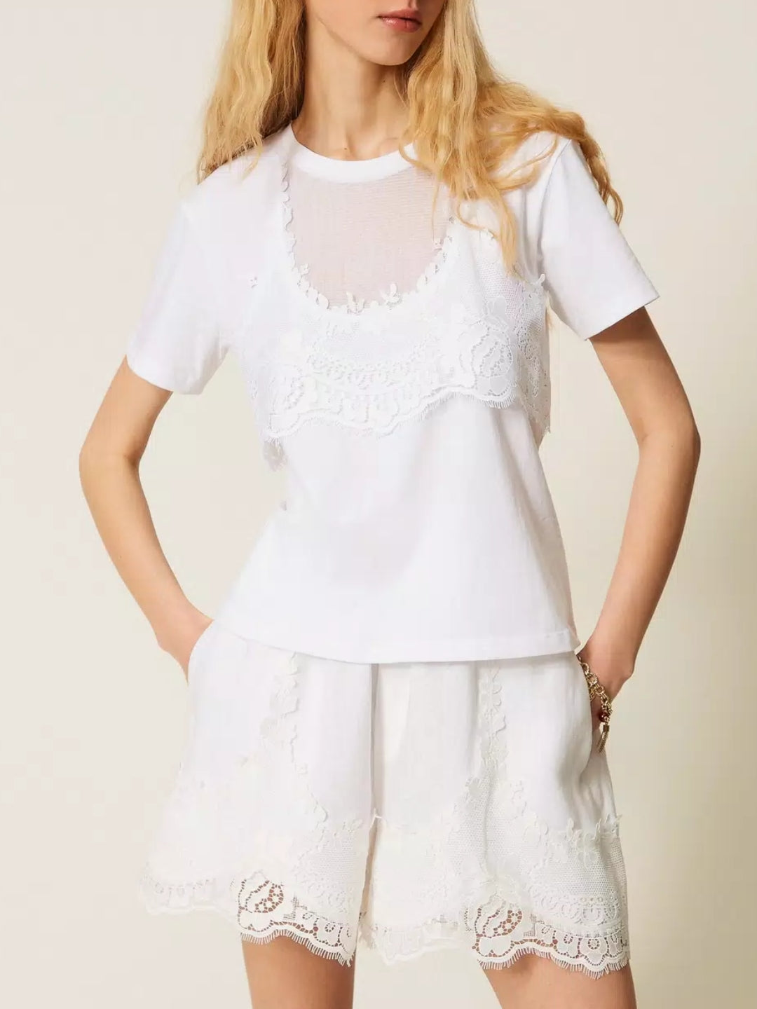 Twinset T-shirt trompel'oeil con pizzo Bianco