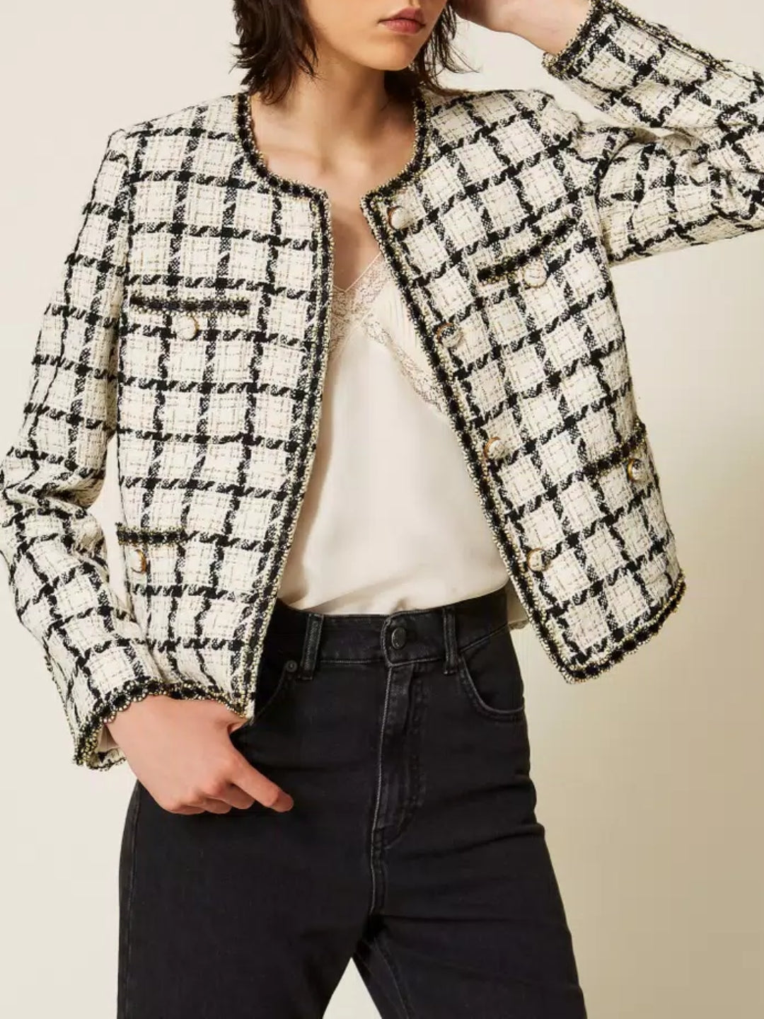 Twinset Giacchina in tessuto bouclé a fantasia check Bianco Nero e Oro
