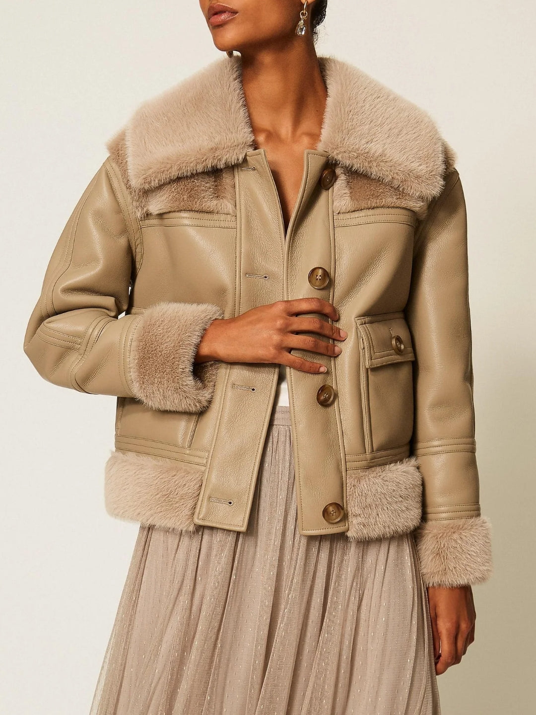 Twinset Giacca Effetto Pelle Con Faux Fur Mastice