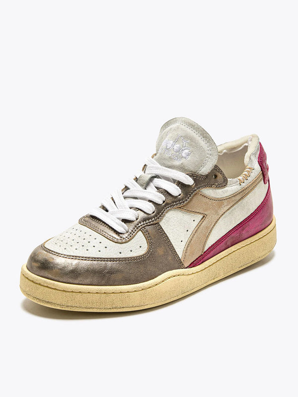 Sneaker Bassa Mi Basket Row Cut Metal Pigskin Used White Fucsia Red