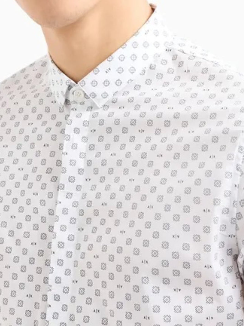 Armani Exchange Camicia in Popeline di Cotone Fantasia Rombi Bianco